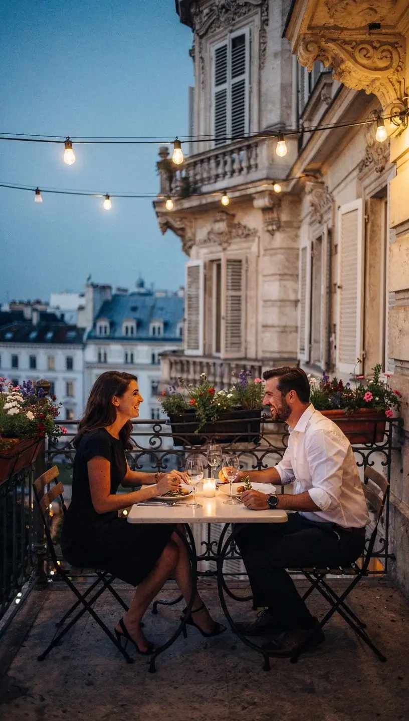 SchГ¶n gestalteter Balkon mit Blick auf die Wiener Altstadt und ihre beeindruckende Architektur.